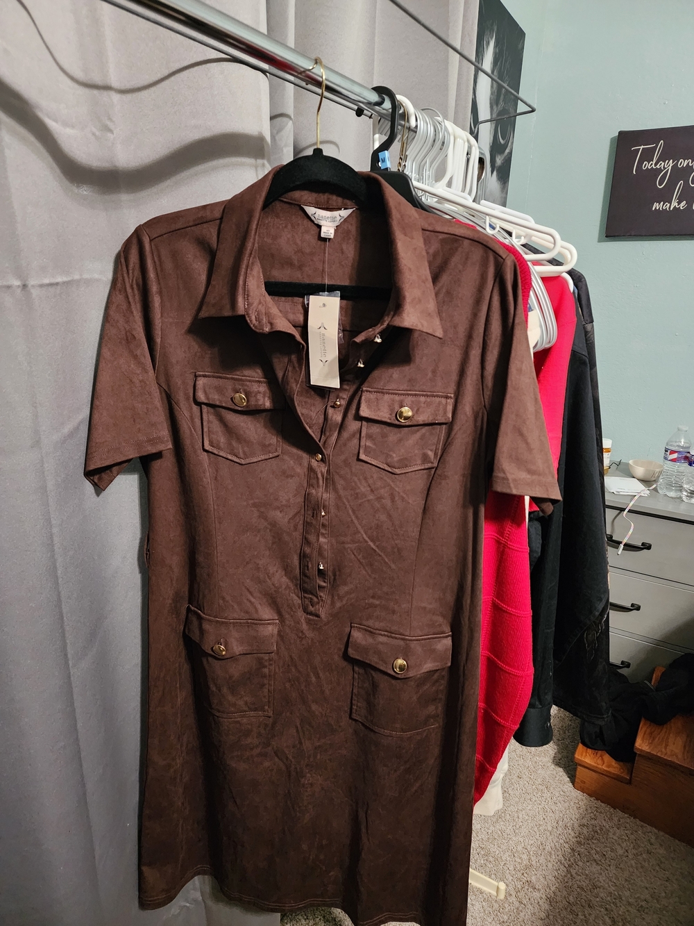 Nannette Brown Short-Sleeve Button-Front Utility Shirt Dress